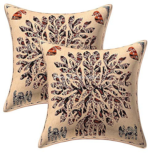 Stylo Culture Indio Fundas De Cojines Decorativos 40x40 cm Algodón Árbol de la Vida Fundas Almohadones Sofa Beige Apliques De Patchwork Cuadrado sobre Fundas Almohadones para Sillas - 2 Pcs