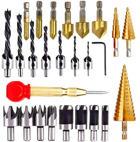 26pcs Woodworking Chamfer Drilling Tools Includes 6 Countersink Drill Bits | 7 Three Pointed Countersink Drill Bit with L-wrench, 8 Wood Plug cutter, 3 Step Drill Bit, and Automatic for Wood DIY