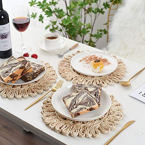 IcosaMro Round Woven Placemats for Dining Table Set of 10 Large Natural Braided Rattan Tablemat Hollow Wicker Charger Plates for Holiday Christmas Kitchen Table Mat, Beige, 14.96 Inches