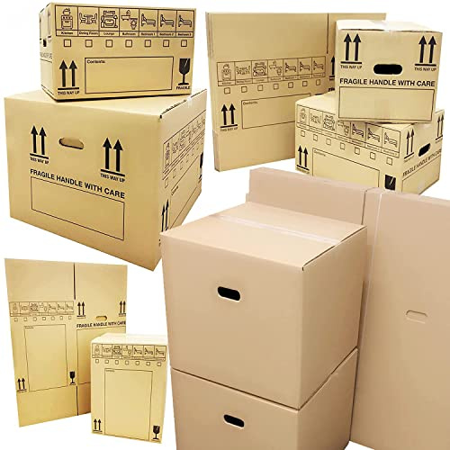 Plain or Printed STRONG Corrugated Cardboard Boxes Packing House Moving | Cartons Multi Use XL, L & M (18 x 12 x 10, Room List Printed With Handles, 10)