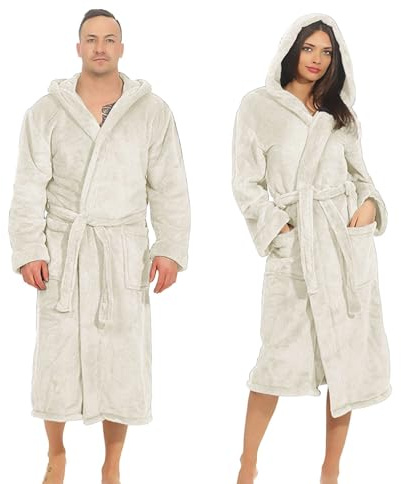 ETÉREA® Bademantel Damen & Herren flauschig aus Kuschelfleece [MIT KAPUZE] - Sauna Bademantel Mustique - Bathrobe Women - Saunamantel Unisex flauschig, weich & trocknet schnell - Natur Größe L