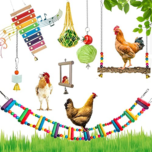 FANFX 7 Packs Chicken Toys Set, Chicken Xylophone Toys for Hens, Chicken Bridge Swing Toys, Chicken Mirror Toys,Chicken Pecking Toys and Vegetable Hanging Feeder for Chicken Coop