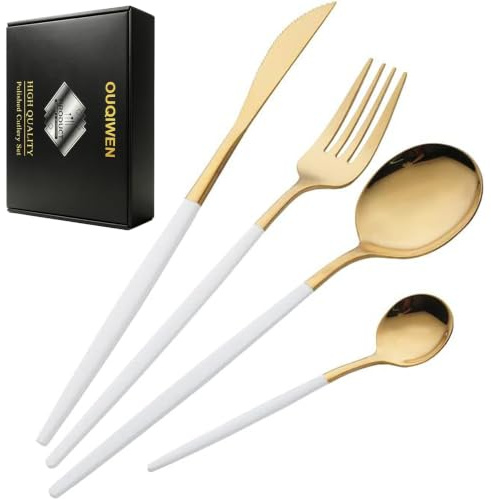 OUQIWEN 16 Piece White and Golden Cutlery Set,White Handle Knife Fork Spoon Set,White Gold Stainless Steel Cutlery ,4 Person Dinner Set (White Gold)