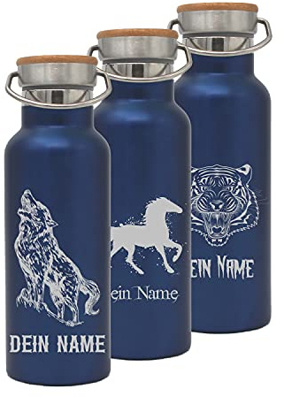 Generisch Trinkflasche personalisiert/blau/Tier-Motive mit Namen/Edelstahl mit Bambusdeckel 500ml / Isolierte Thermosflasche/BPA-Frei/nachhaltig/auslaufsicher/langlebig