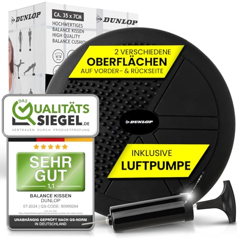 Dunlop Sports Balance Kissen Ball Sitzkissen - für einen stärkeren Rücken in Rekordzeit Premium Balancekissen mit Pumpe 35 x 7 cm orthopädisch über 450 kg belastbar Spezial Noppen, Schwarz