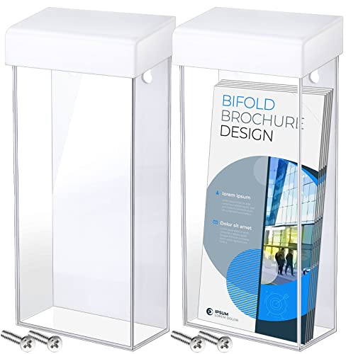 Remerry 2 Pieces Acrylic Outdoor Brochure Holder 4 x 9 Inch Waterproof Wall Mount Literature Box with White Lid Clear Pamphlet Holder for Pamphlet Map Menu Display