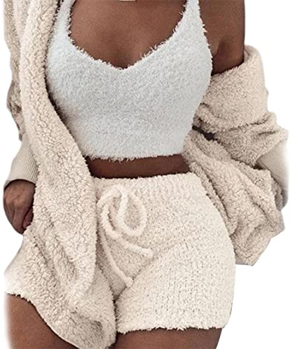 3Pcs Cosy Knit Set Shorts + Pull + Coat Casual Warm Suit Fuzzy Pyjamas Set pour la Mode féminine