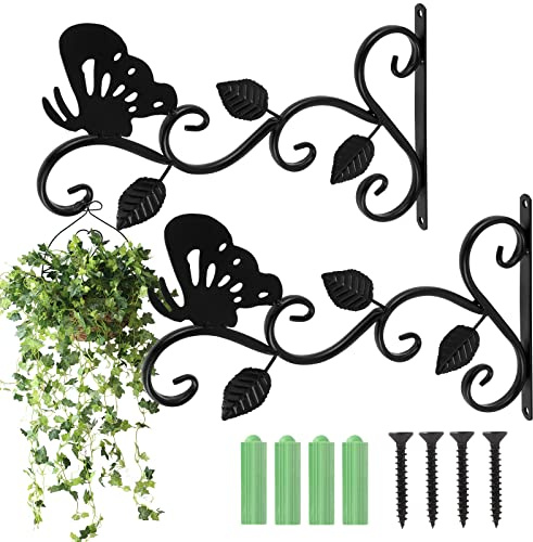 2 Pack Hanging Basket Bracket with Screws, Wall Mounted Hook Butterfly | For Plants, Lanterns and Bird Feeders, Solid Steel, Black Finish, Outdoor Wall Mount, Use with Light To Medium Loads