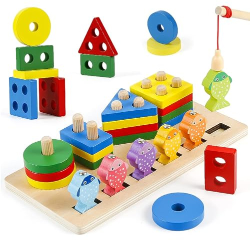 SAMISO Montessori Spielzeug ab 1 2 3 Jahr,Stapelspielzeug Steckpuzzle für 12+ Monate Baby-Jungen & Mädchen Magnetisch Fischereispielzeug Geometrische Baukasten Shape Sorter Puzzles,Lernspielzeug