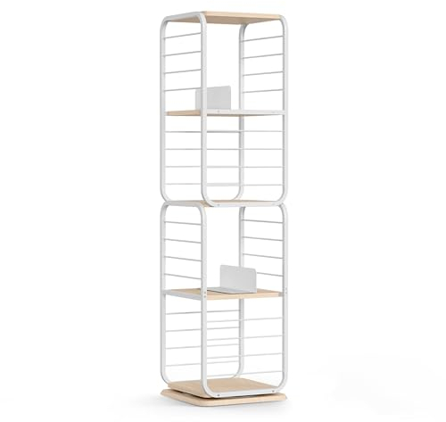 VASAGLE Bücherregal 4 Ebenen, drehbares Regal mit Buchstützen, Standregal für kleine Räume, Aufbewahrungsregal, Eckregal, Stahlrahmen, naturbeige-wolkenweiß LLS127W67