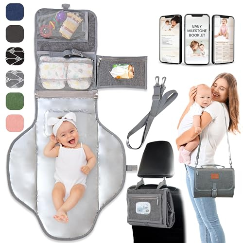 Bärbar skötbädd för baby, skötbädd för resor, skötbädd för nyfödda, stor vattentät skötmatta, vikbar och avtagbar skötstation med babyvåtservetter fickor, babysaker av Pillani