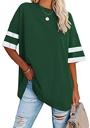 Ebifin Dam oversize t-shirt rund hals kortärmade toppar casual lös basic sommar t-shirts skjortor blus., Grön, M