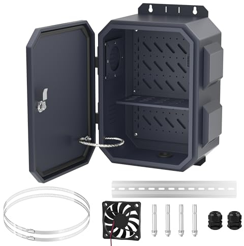 Joinfworld Outdoor Electrical Enclosure Box 15.7x11.8x7.9 | 12V Fan, Metal Waterproof IP65, Junction Vented, Weatherproof, Cold-Rolled Steel Plate Din Rail Cable Gland