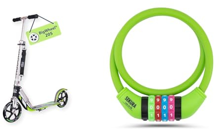 HUDORA 14695 BigWheel 205-Das Original mit RX Pro Technologie-Tret-Roller klappbar-City-Scooter, Grau/Grün & Büchel Fahrradschloss Kinder I Farbenfroh und ohne Schlüssel
