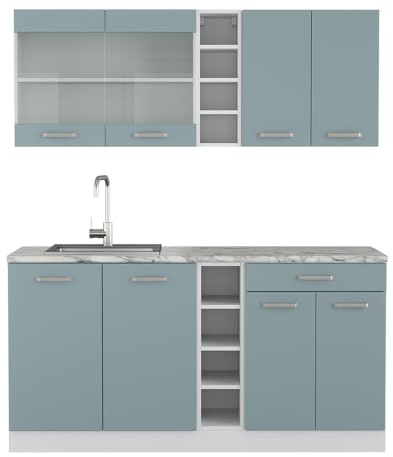 Vicco Singleküche R-Line, Blau-Grau, 160 cm | 6 Module · Höhenverstellbare Füße · AP Marmor inkl. · Robuste Fronten · Mit offenen Regalen · Frei kombinierbar