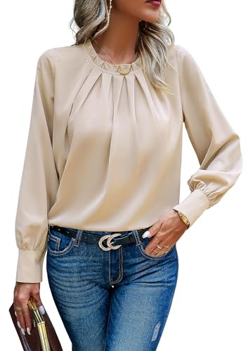Atxnn Camicia da Donna Elegante Blusa con Scollo Rotondo Camicette Manica Lunga Camicie Maniche a Lanterna Tops da Ufficio Casual