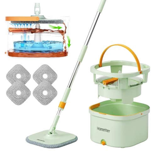 HoMettler Mop and Bucket Set | Spin Mop with Dual-Tank Clean/Dirty Water Separation | 4 Microfiber Pads for Deep-Cleaning Floors | Versatile Mops Triangular Head for Walls