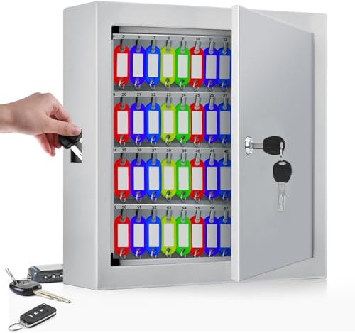 Mejasg Weißer Feuerfester Schlüsseltresor für 100 Schlüssel, Diebstahlsicherer Schlüsselschrank mit Schlüsselanhängern, Verstellbarer Schlüsselkasten für Auto Büro Haus Garage Vermietung Geschäft