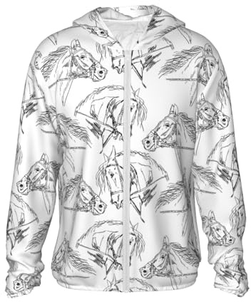 Veste légère à manches longues avec capuche et fermeture éclair pour homme et femme Motif cheval dessiné à la main, Noir , L
