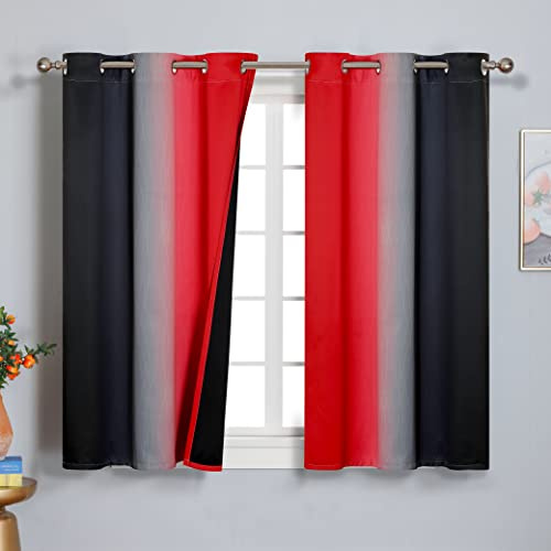VEHEDE Farbverlauf Ombre Verdunklungsvorhänge Thermovorhang Kälteschutz Gardinen, Wohnzimmer Schallschutz Fenster Wärmeisolierende Vorhänge Blickdicht, H 160 x B 107 cm, Rot und Schwarz, 2er Set