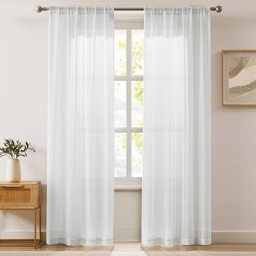 Lush Decor Milla Knitted Textured Sheer Window Curtain Panels Pair 38 W x 84 L Pearl White - White Curtains for Bedroom - Sheer Curtains for Living Room