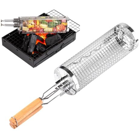 Nestendes Rollendes Grillkorb Set Mit Holzgriff, Rolling Grilling Basket, Grillnetzrohr Für Den Außengrill, Rollender Grillkorb, Banaone 2 Edelstahl Große Runde Grillkörbe Mit Halterung, Reinigung