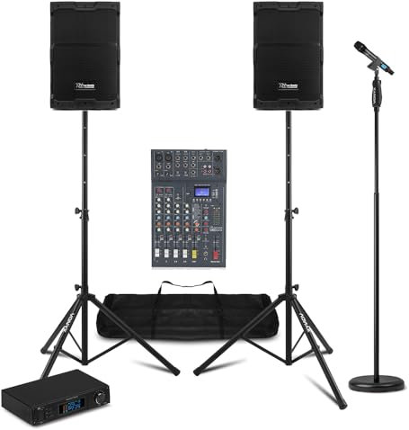 PDY210A 10 Professional PA System with 6-Channel Mixer, Wireless Microphone Set, Active Speakers, Bluetooth & DSP Effects, Live Band Setup, Ideal for Singer Performances