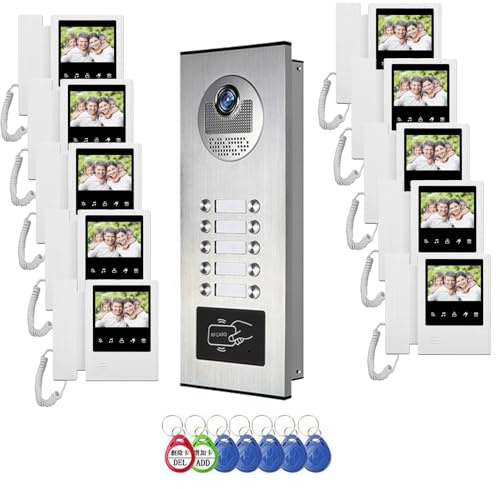 ANJIELO SMART Video Intercom System for Apartment,10 Units 4.3 inch Monitor Wired Video Door Phone Kit,Indoor Outdoor Doorphone Telephone Style, (1doorbell+10monitor)