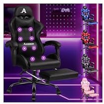 ALFORDSON Gaming Stuhl Massage Gamer Sessel, ergonomischer Bürostuhl, Schreibtischstuhl, Neigungswinkel 150°, höhenverstellbarer Computerstuhl, 180 kg bis, Einziehbare Fußstütze, PU-Leder, Schwarz