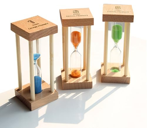 Holz-Sanduhren Set, 1/3/5 Minuten Timer, Küchentimer mit Farbigem Sand, 3 Stück