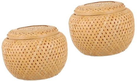 TOPBATHY 2pcs Bamboo Storage Jar Lid Woven Basket Lid for Tea Candy Small Bamboo Box for Storage