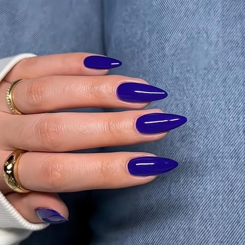 SXVME 48 Pcs Dark Blue Press on Nails Almond Medium Acrylic False Nails Medium Stiletto Natural Fake Nail Set Elegant Solid Color Full Cover Glossy Gel Stick on Nails for Women Daily Wear