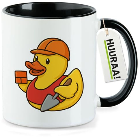 Huuraa Kaffeetasse Quietscheente Maurer Gummiente Bauarbeiter Geschenk | Motivtasse 330ml Schwarz Keramik Tasse mit Spruch Kaffeebecher Geschenkidee Becher mit Motiv