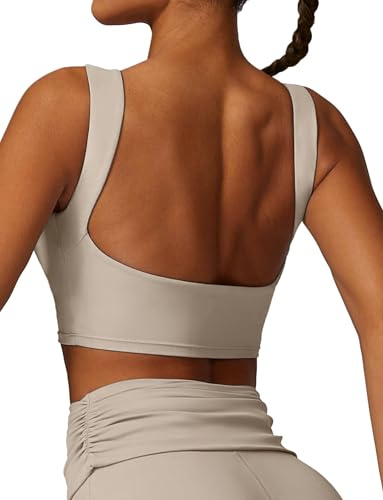 SEAUR Sporttoppar damer rygglös ärmlös crop top vadderad sportskjorta gym yoga fitness löptröja tajt magfri t-shirt mjuk stretch S-XL, Beige, M