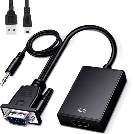Riybyds Convertidor VGA a HDMI 1080p@60Hz con Cable de Audio y Cable de Alimentación, Adaptador VGA Macho a HDMI Hembra, Compatible con Ordenadores, Proyectores, Monitores y TV