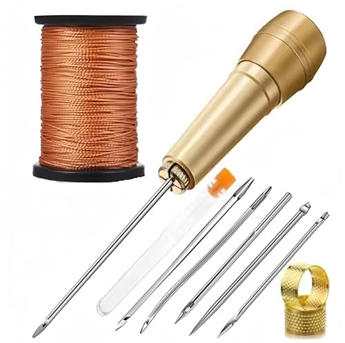 CQXSYTBN Kit Completo per Cucire in Pelle - 5 Aghi di Tela, Manico in Rame, Filo di Nylon da 50 m e ditale - Ideale per Riparare Scarpe e Pelle