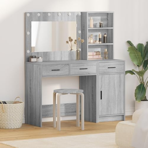 Juroupi 2 Piece Dressing Table Set with LED Grey Sonoma Engineered Wood,Bedroom Dressing Table,Makeup Table,Dressing Table-3334268