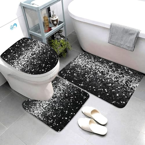 3 Piezas Juego De Alfombra De Baño Brillo White Y Negro Alfombra De Contorno Durable Absorbentes Alfombras De Cama, para Cocina, Dormitorio, Bathroom