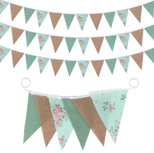 32Ft Sage Green Wildflower Burlap Bunting Banner Party Decorations, Floral Bunting Fabric Triangle Flag, Pennant Hessian Garland Streamer for Birthday Wedding Hanging Bunting Decor