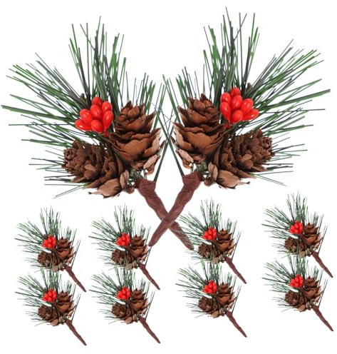 HIAKDOFT 10 Stück Teiliges Kleine Künstliche Kiefernzweige mit Beeren und Zapfen PVC Weihnachtsbaum Deko Langlebige Tannenzweige für Kränze Blumenarrangements und Festliche Tischdekoration