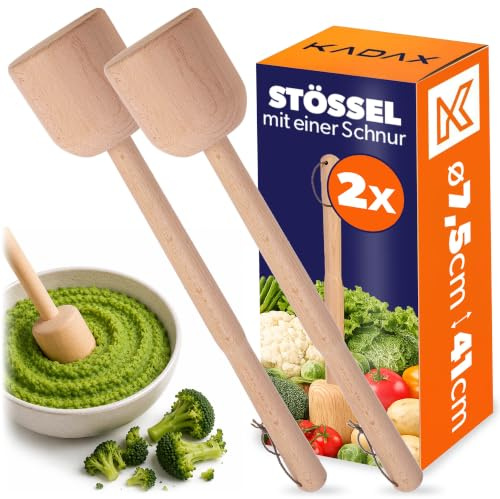 KADAX 2 x Wooden Herb Masher, 41 x 7.5 cm, Sauerkraut Masher, Masher for Fermenting Sauerkraut, Potato Masher, Wooden Pestle, Hand Masher, Wood Masher