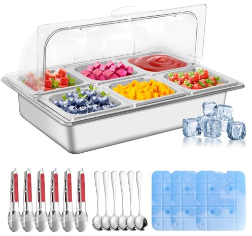 Countertop Ice Food Serving Display Tray with 6 Pan, Portable Salad Bar Buffet Station for Home, Stainless Steel Cold Food Buffet Server with Clear Roll Top Cover, 3 Ice Packs