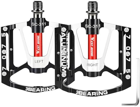 Mountain Bike Pedals, 3 Bearings Bicycle Pedal, 9/16 MTB Pedals Flat, Lightweight Aluminum Non-Slip Bicycle Platform Pedals for Road BMX MTB Bikes (black + red)