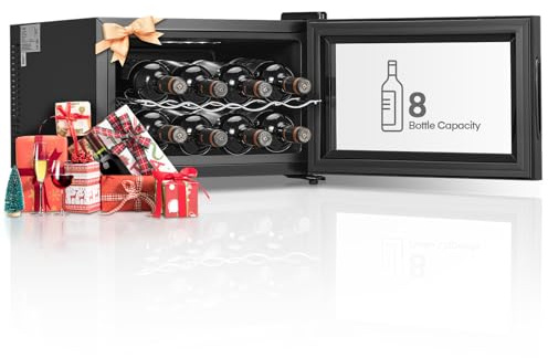 FOHERE Table-Top Wine Cooler Fridge Black, 8 Bottles Wine Cooler with Glass Door, LED + Digital Display, Glass Door Drinks Fridge, 5-18°C,Single-Zone