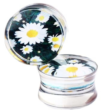 RDSGYZ 2Pcs White Piercing Tunnels Aesthetic, Chrysanthemum Flower and Grass Pattern Ear Expander Stretching Kit Classy Tapers Plugs Acrylic 00G(10mm) Men Women