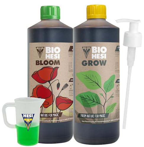 Hesi Bio Bloom 1L + Bio Grow 1L – Set mit Dosierpumpe & Messbecher für gesundes Wachstum & natürliche Blüte