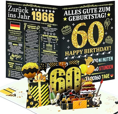 Joyoldelf 60. Geburtstagskarte, 1966 Jahrgang Geburtstag Karte, 3D Pop Up Grußkarten mit Umschlag, Vintage Geburtstag Geschenke für Mann und Frau