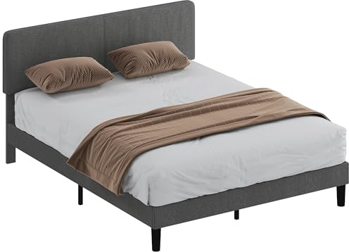 HOMCOM Somier 160x200 cm con Cabecero Ajustable, Estructura de Cama, Tapizado en Pana, Láminas de Madera, Fácil de Montar, Gris Oscuro