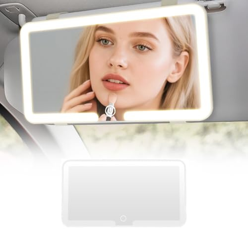 LED Car Vanity Mirror with 3 Light Modes Touch Control Screen Rechargeable Dimmable Sun Visor Vanity Makeup Mirrors USB Charging Car Interior Portable Travel Accessories for Women Passenger Side
