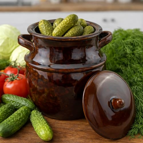 MIKONI Gärtopf Braun Steinzeugtopf mit Hermetikdeckel Sauerkrauttopf Gurkentopf Einmachtopf Keramikfass mit Wasserrinne Steingut Steinzeuggefäß 4L